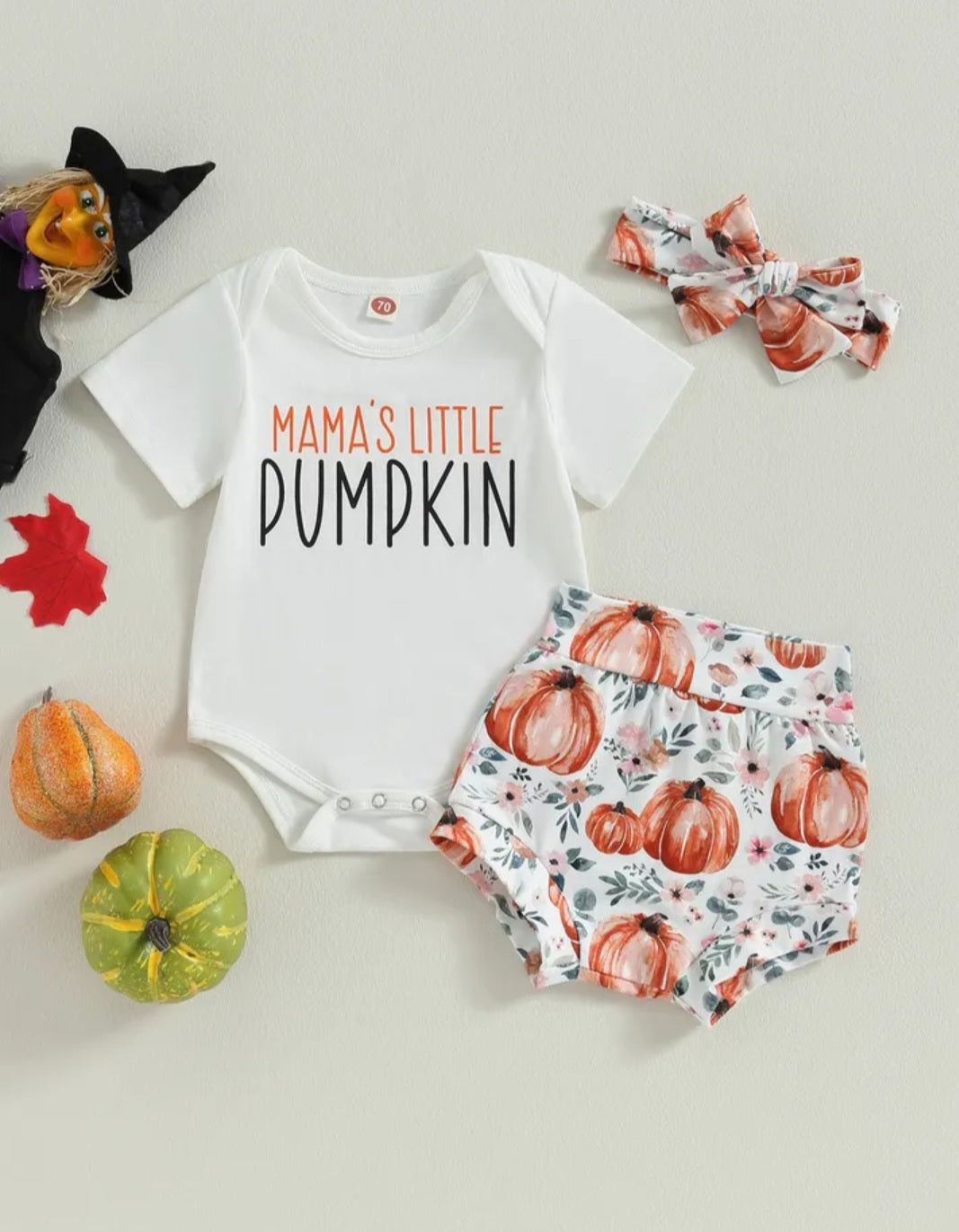 Mama's Little Pumpkin Romper with Bloomer and Headband 