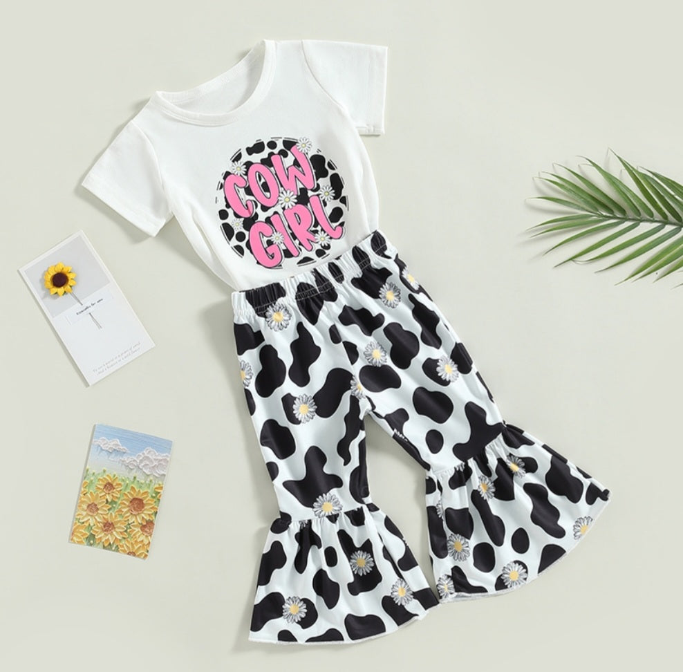 Daisy Cow Girl T-shirt with Cow Print Bell Bottoms 