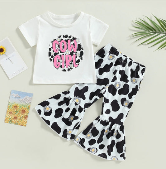 Daisy Cow Girl T-shirt with Cow Print Bell Bottoms 