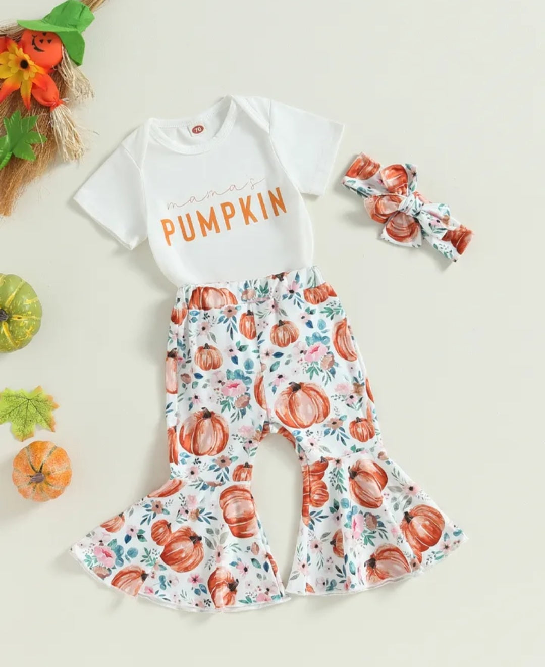 Mama's Pumpkin Romper with Bell Bottoms and Headband 