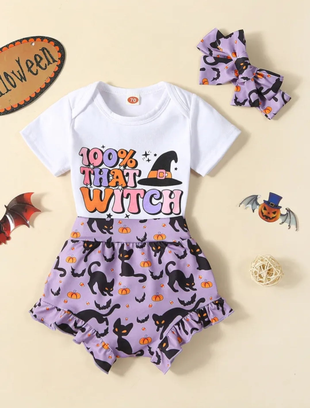 100% That Witch Romper with Bloomer and Headband 
