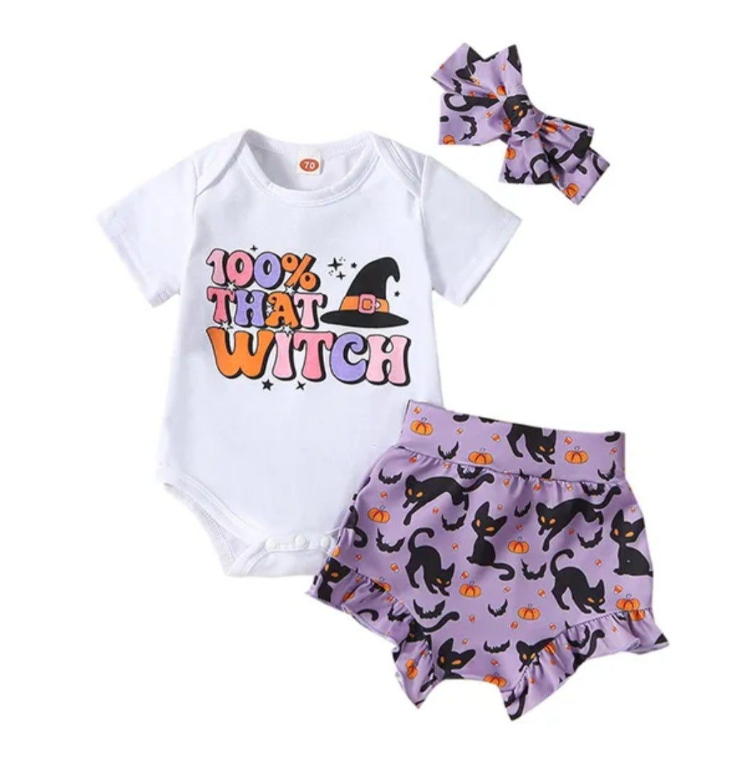 100% That Witch Romper with Bloomer and Headband 