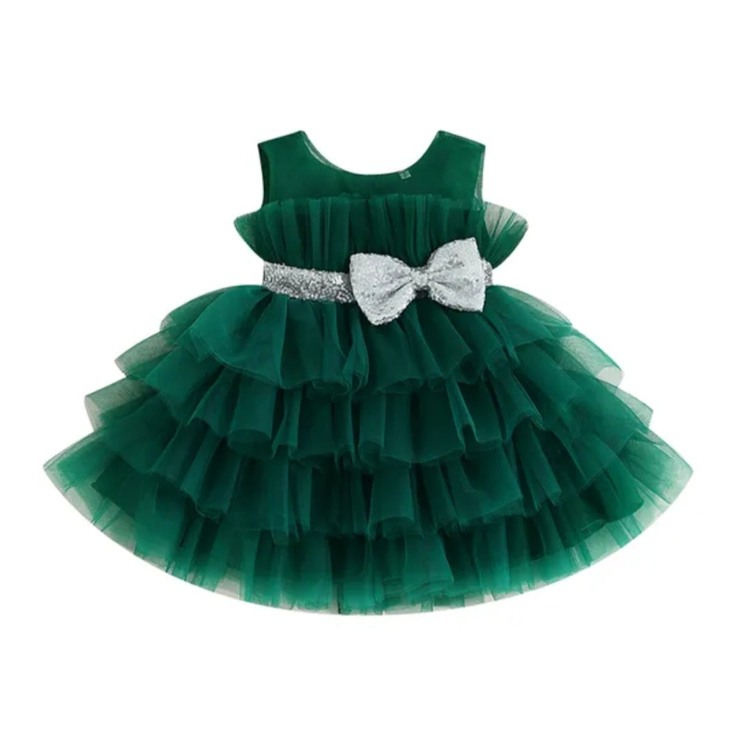 Forest Green Special Occasions Dress with Silver Sequins Bow