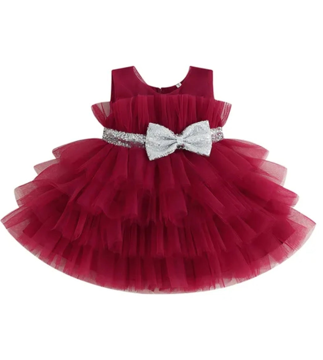 Maroon Special Occasions Dress with Silver Sequins Bow