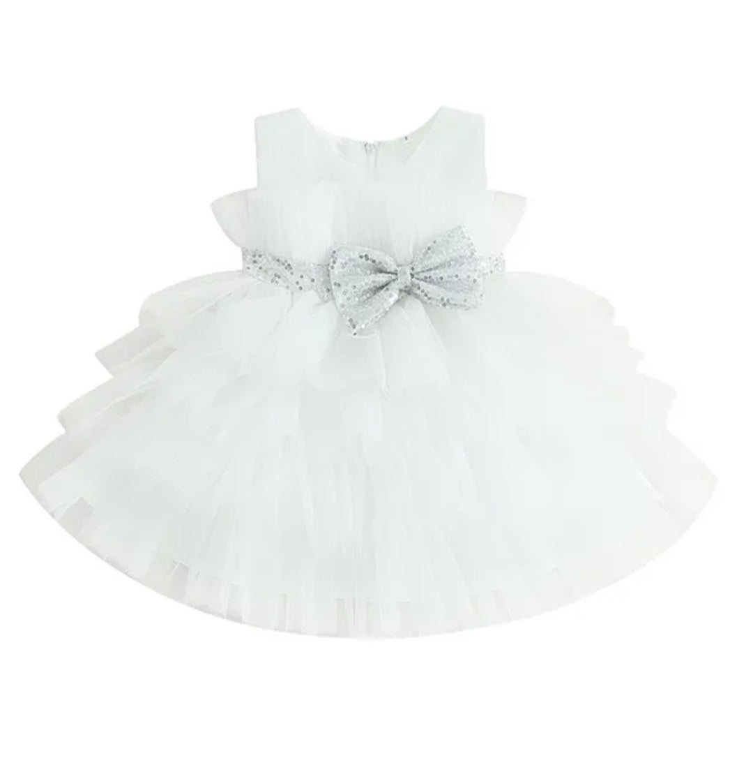 White Special Occasions Dress with Silver Sequins Bow