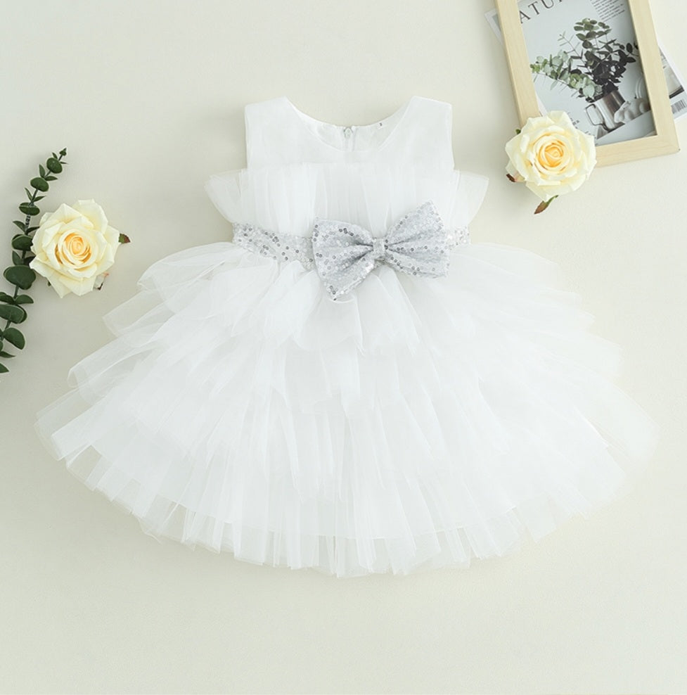 White Special Occasions Dress with Silver Sequins Bow #1000306