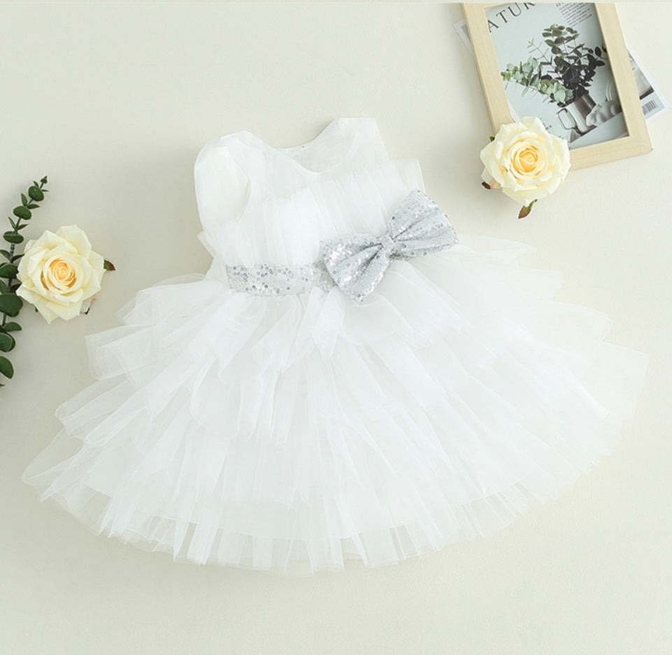 White Special Occasions Dress with Silver Sequins Bow