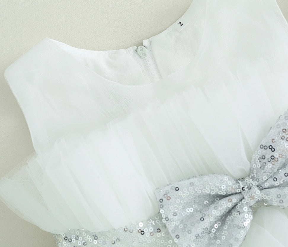 White Special Occasions Dress with Silver Sequins Bow