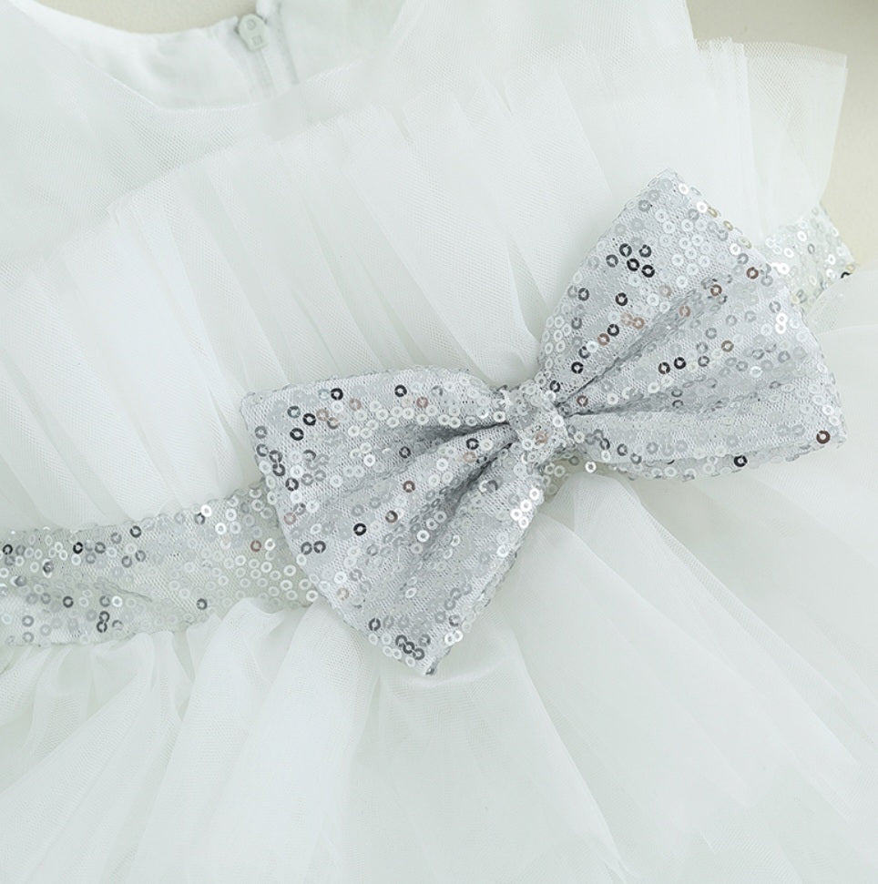 White Special Occasions Dress with Silver Sequins Bow