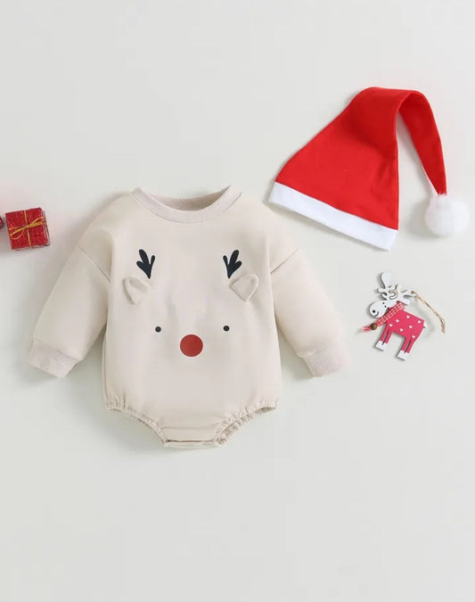 Reindeer Christmas Romper and Christmas Hat