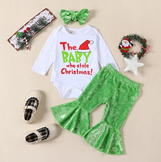 The Baby Who Stole Christmas Romper,  Bellbottoms and Headband 