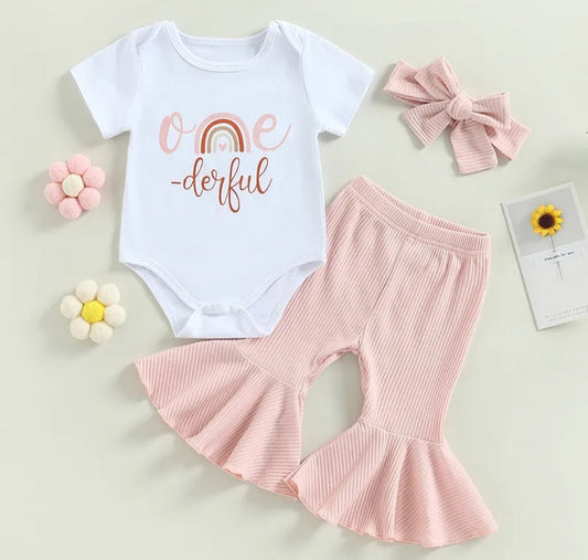 One Derful Birthday Romper,  Bellbottoms and Headband 