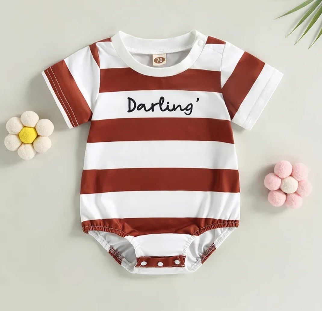 Darling Striped Gender Neutral Romper Tan