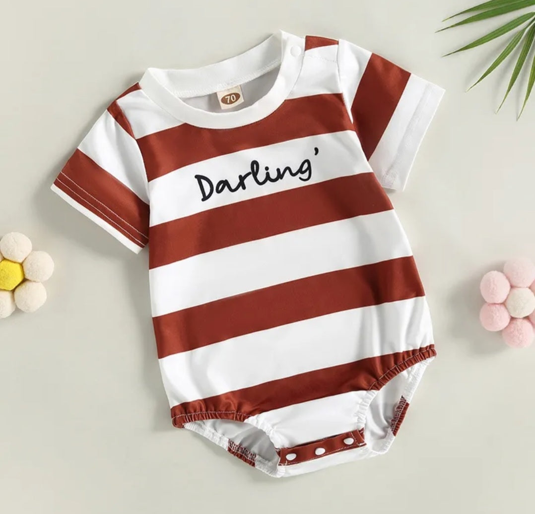 Darling Striped Gender Neutral Romper Tan