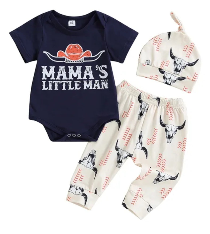 Mama's Little Man Romper,  Pants and Pumpkin Hat 