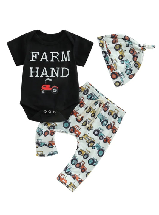 Farm Hamd Romper,  Pants and Pumpkin Hat 