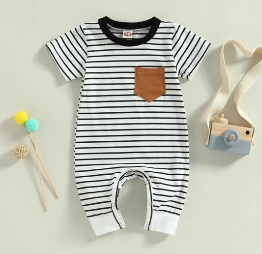 Striped Romper with Caramel Pocket, Gender Neutral 
