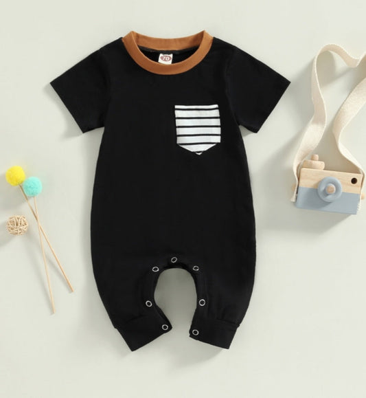 Black Romper with Striped Pocket and Caramel Crewneck, Gender Neutral 2000300