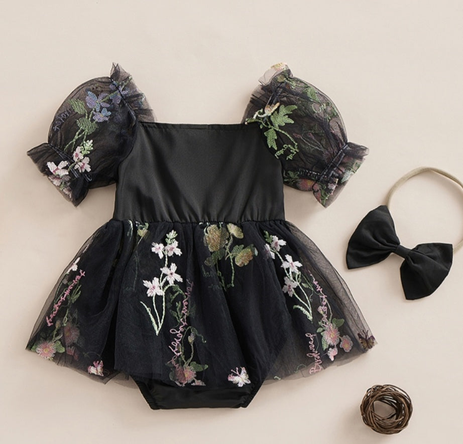 Embroidered Black Romper and Headband 