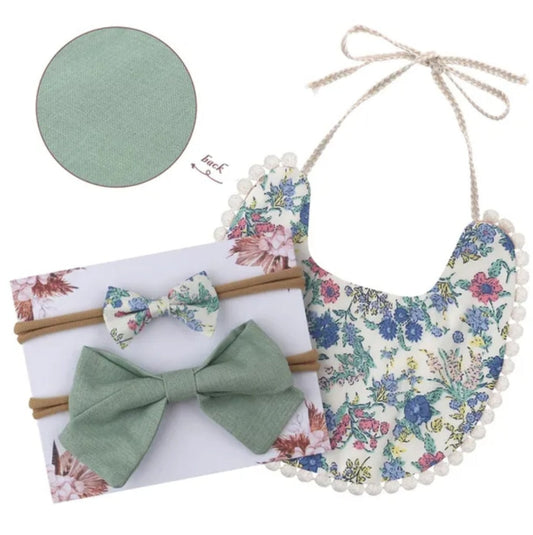 Floral Mint Reversible Bib and Headbands 