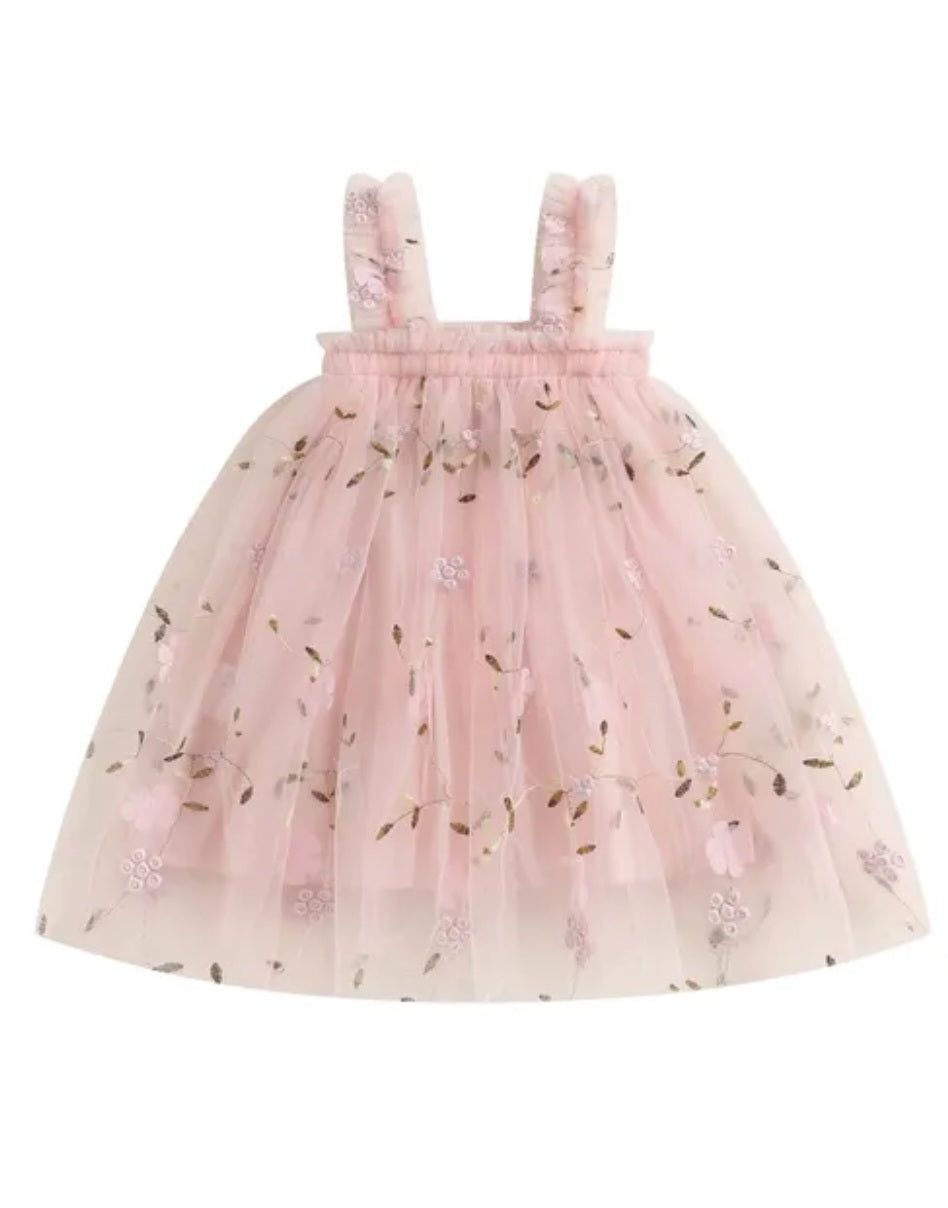 Peachy Pink Embroidered Floral Tulle Dress 