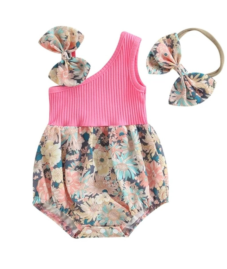 Cerise Pink Ribbed Floral Romper and Headband