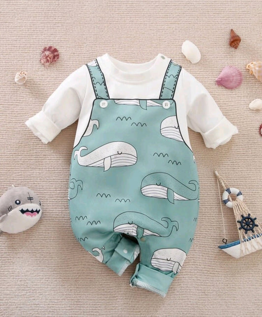 Mint Green Whale 2 in 1 Romper Long Sleeve