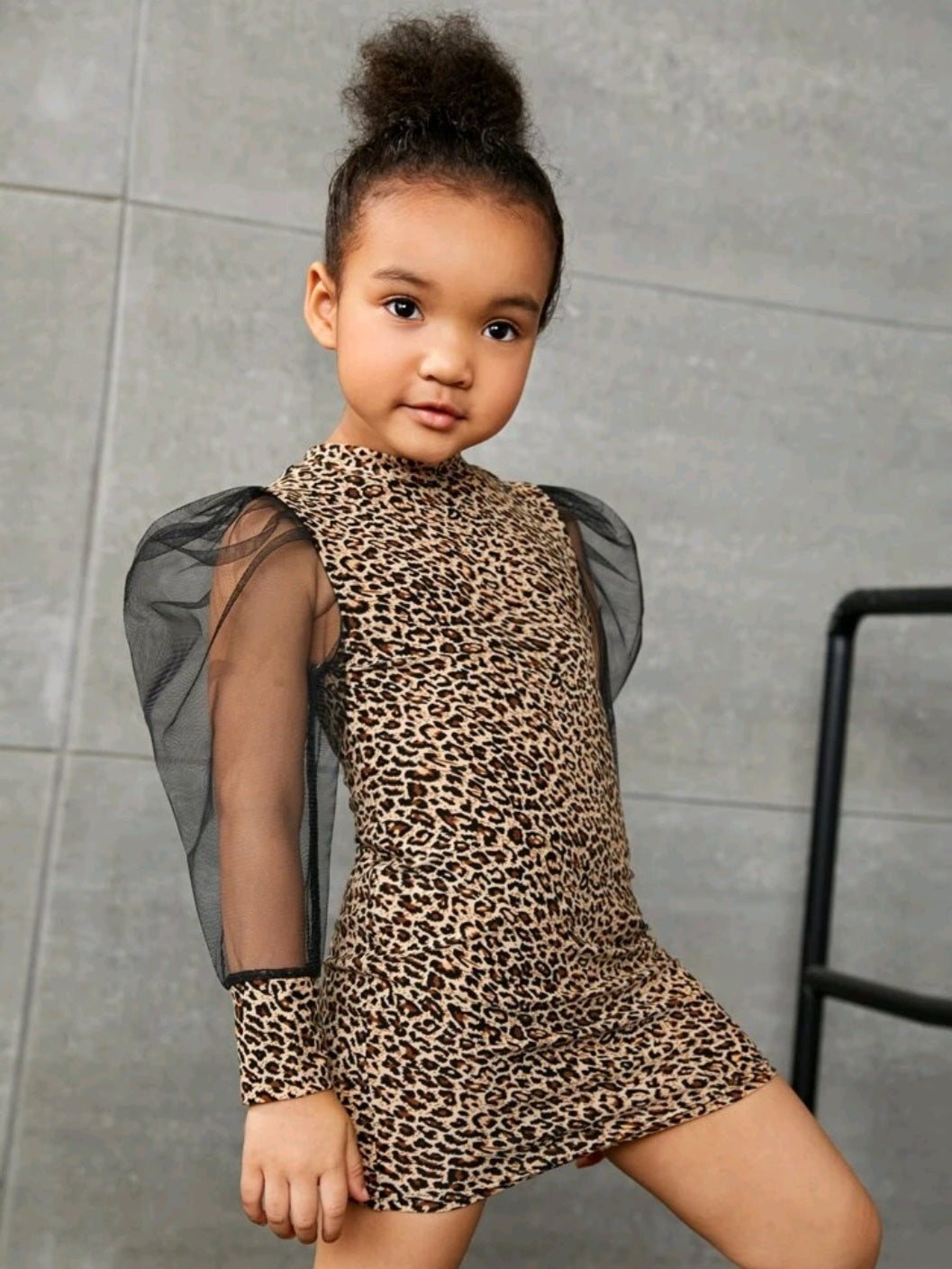 Little Leopard Dress with Puffy Mesh Sleeves