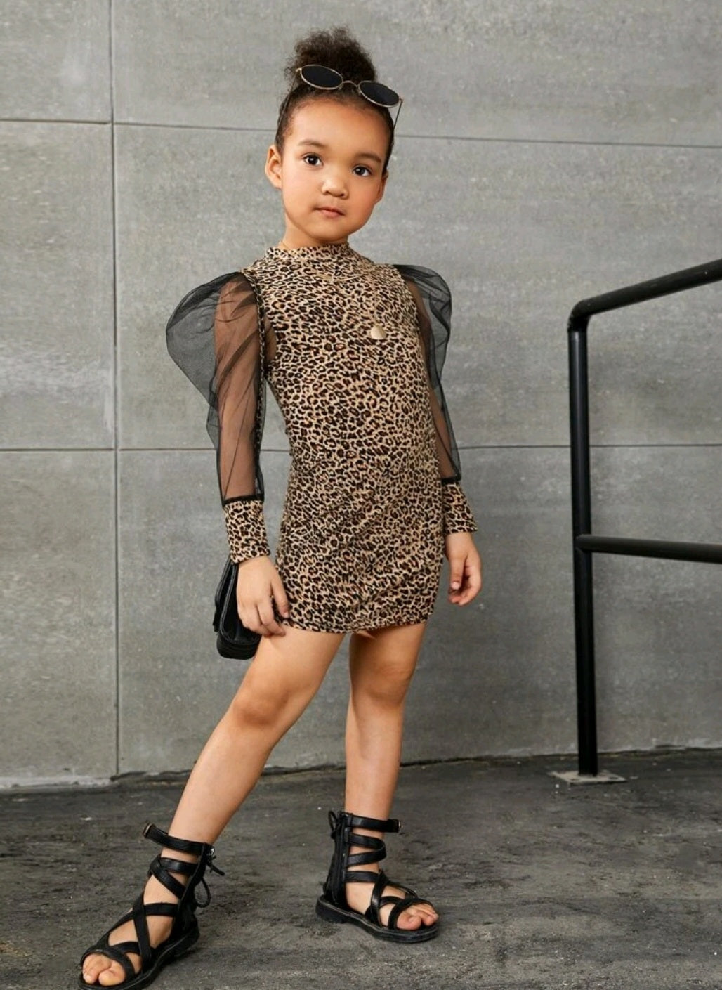 Little Leopard Dress with Puffy Mesh Sleeves