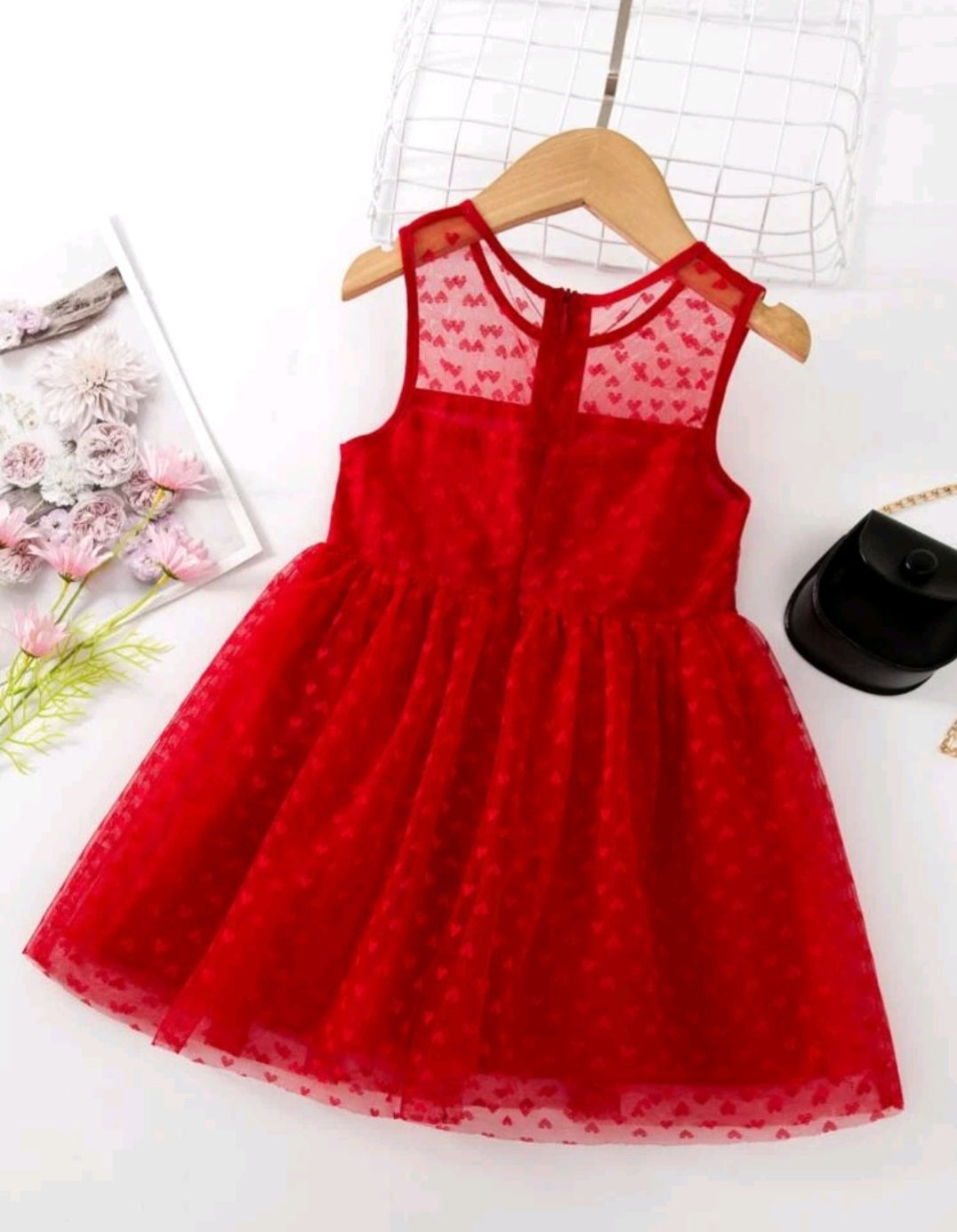 Red Mesh Dress with Heart Detail 