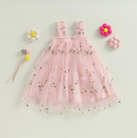 Peachy Pink Embroidered Floral Tulle Dress 