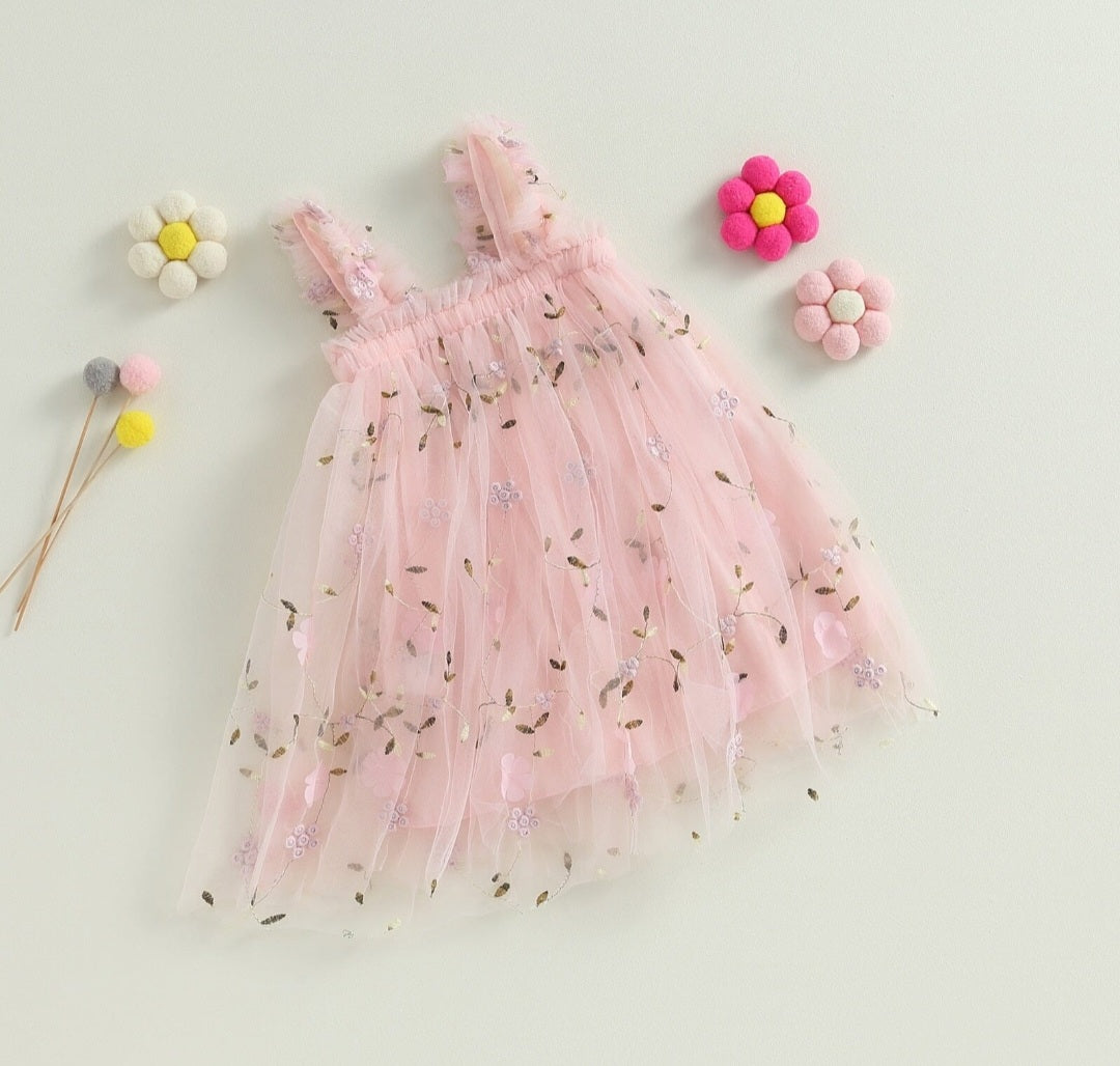 Peachy Pink Embroidered Floral Tulle Dress 