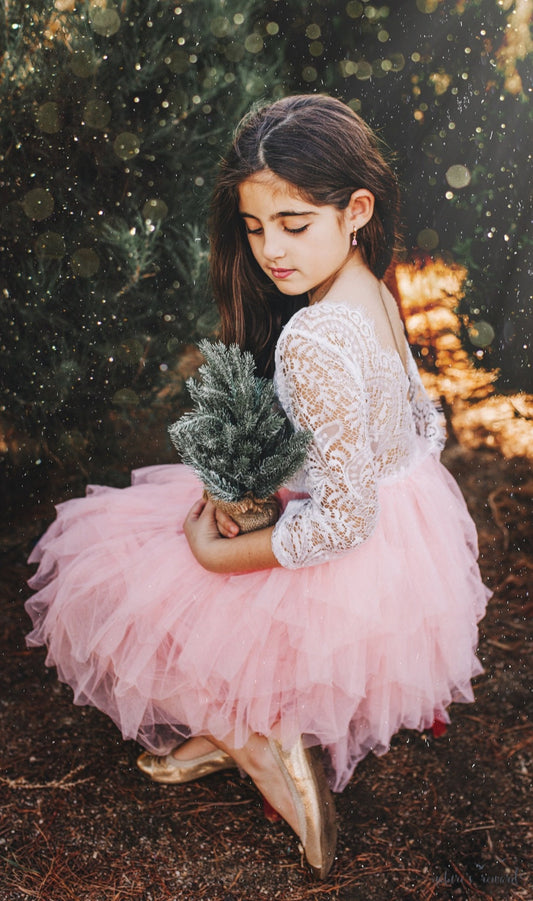 Long Sleeve Lace and Peachy Pink Tutu Dress #1000329