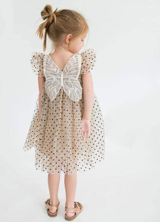 Champagne Polka Lace Butterfly Tulle Dress