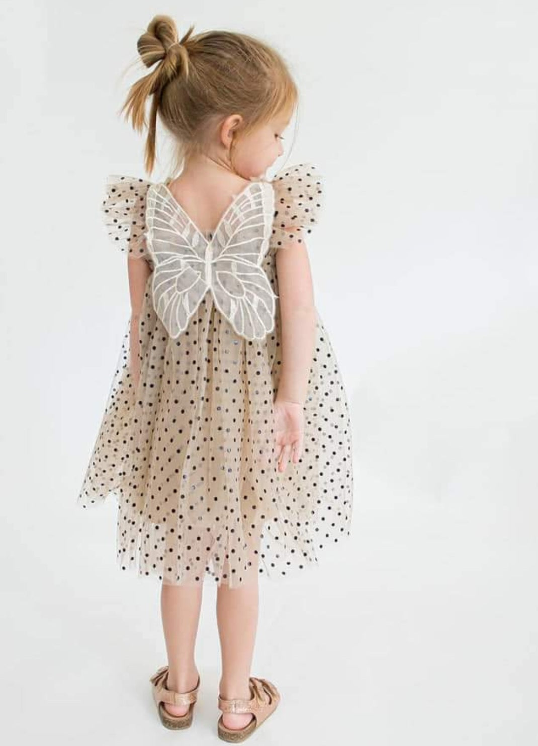 Champagne Polka Lace Butterfly Tulle Dress 1001154