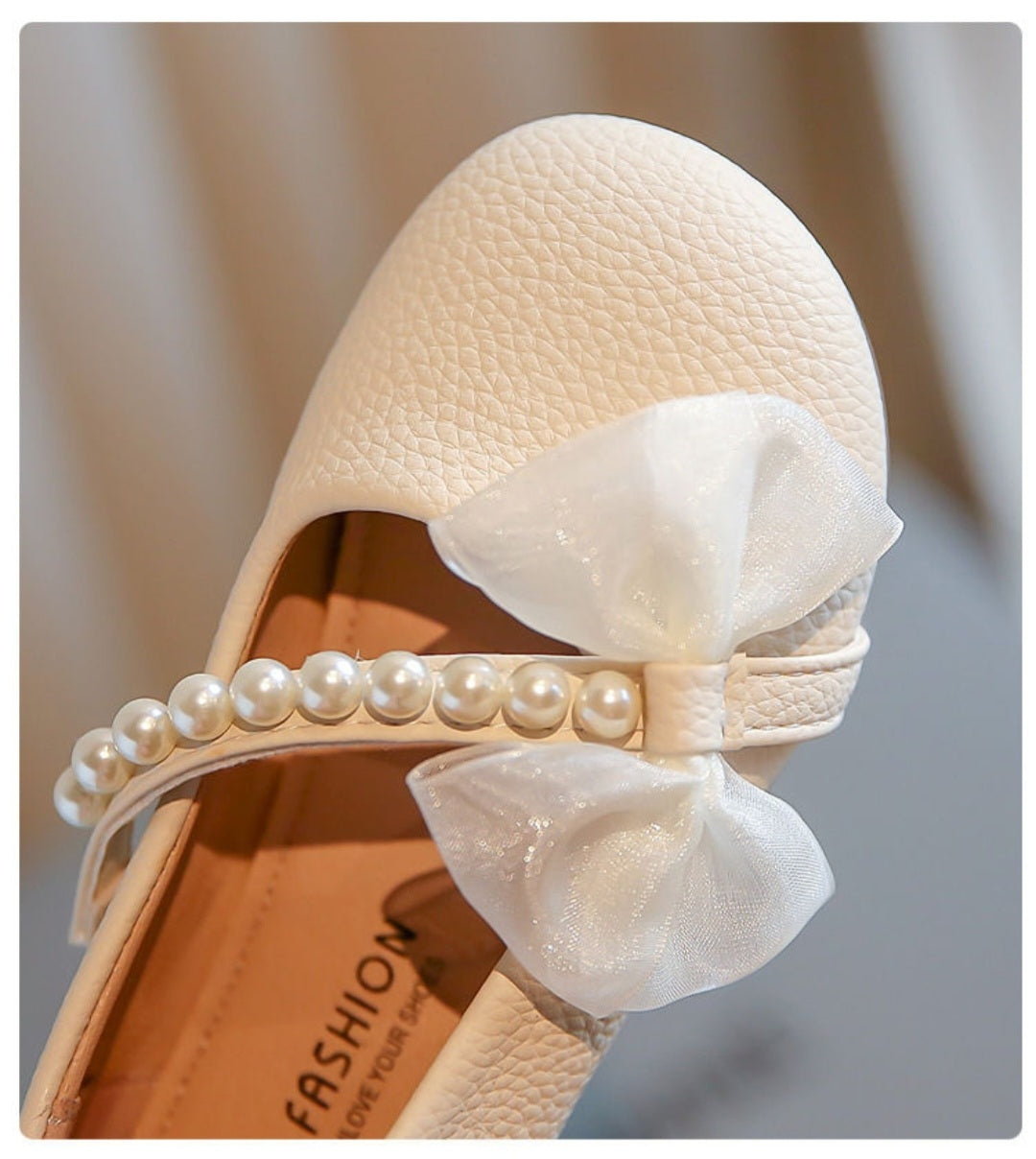 Pearl Bow Girls Party Dance Shoes Cream 300039