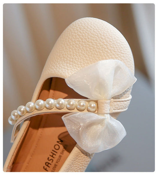Pearl Bow Girls Party Dance Shoes Cream 300039
