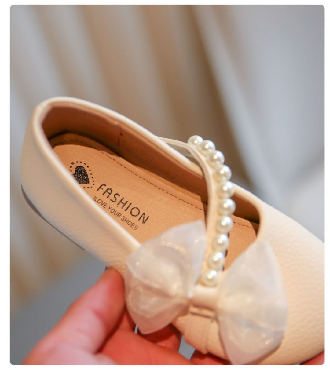 Pearl Bow Girls Party Dance Shoes Cream 300039