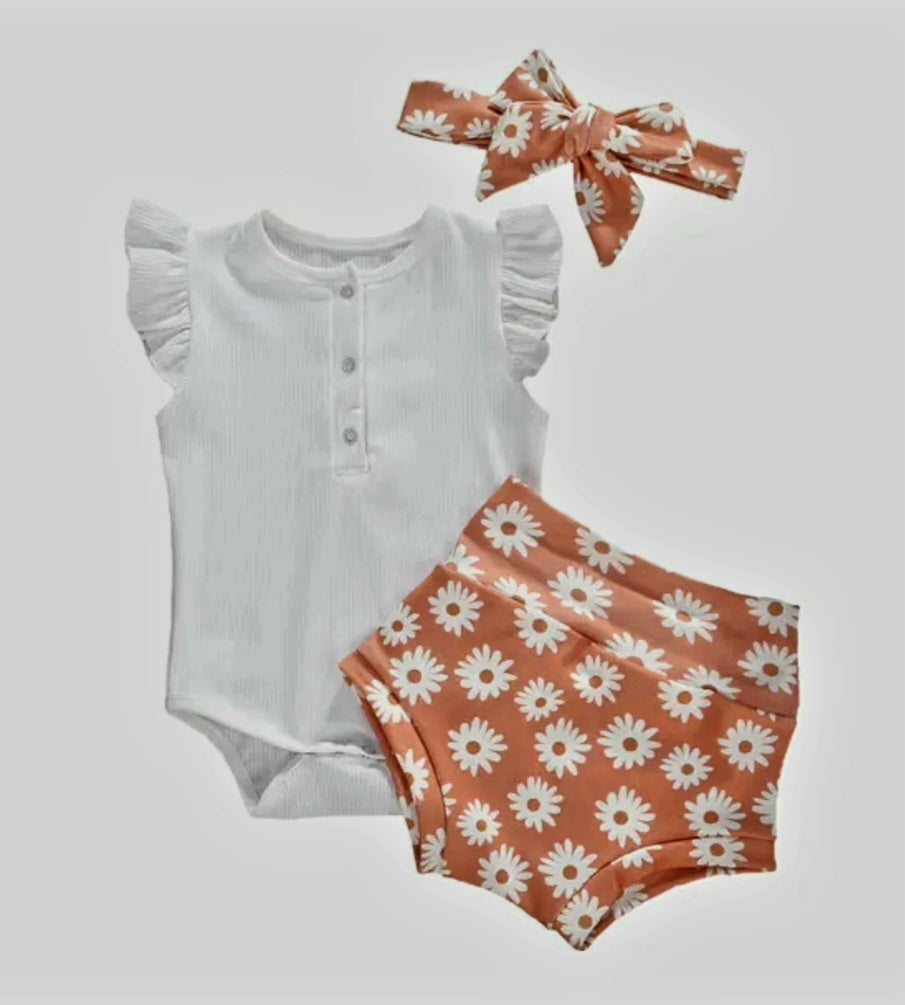 White Ruffle Romper with Floral Bloomer and Headband 