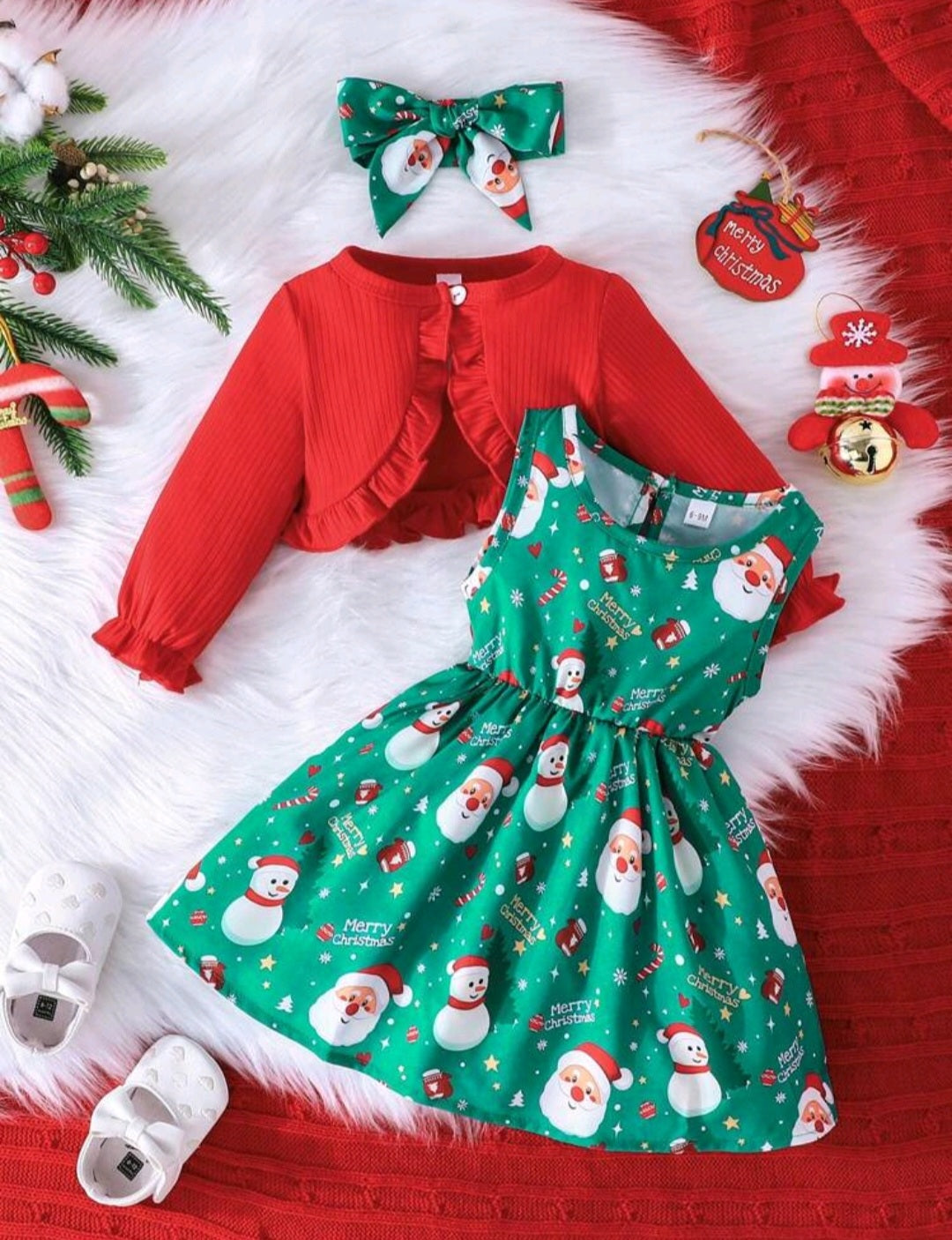 3PSC Christmas Outfit Dress, Headband and Long Sleeve Ruffle Top