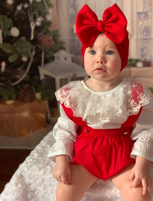 White Long Sleeve Top with Lacr Neckline , Red Overalls and Headband