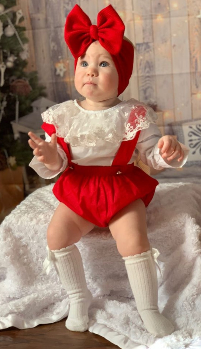 White Long Sleeve Top with Lacr Neckline , Red Overalls and Headband