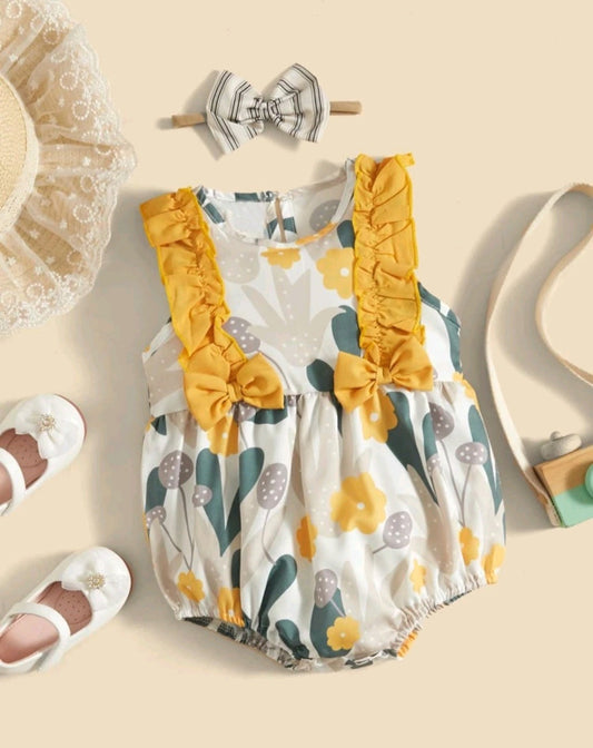 Yellow Floral Romper with Ruffles, Bows and Headband