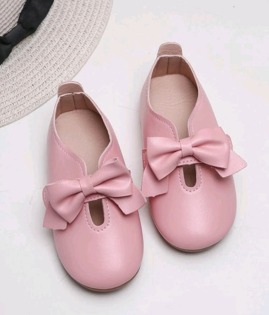 Girls Hook-and-Loop Leather Pink Flats with Bow