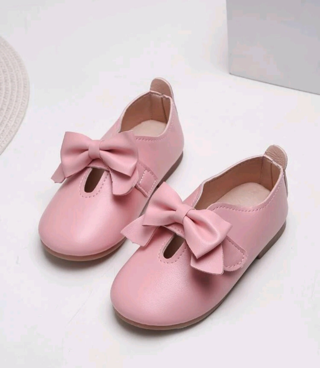 Girls Hook-and-Loop Leather Pink Flats with Bow