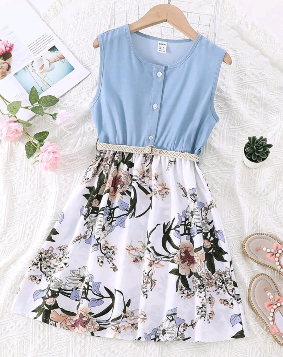 Floral Dress White Denim #700017