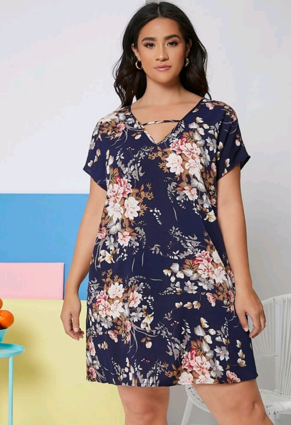 Navy Floral Ladies Dress V-Neck #700021