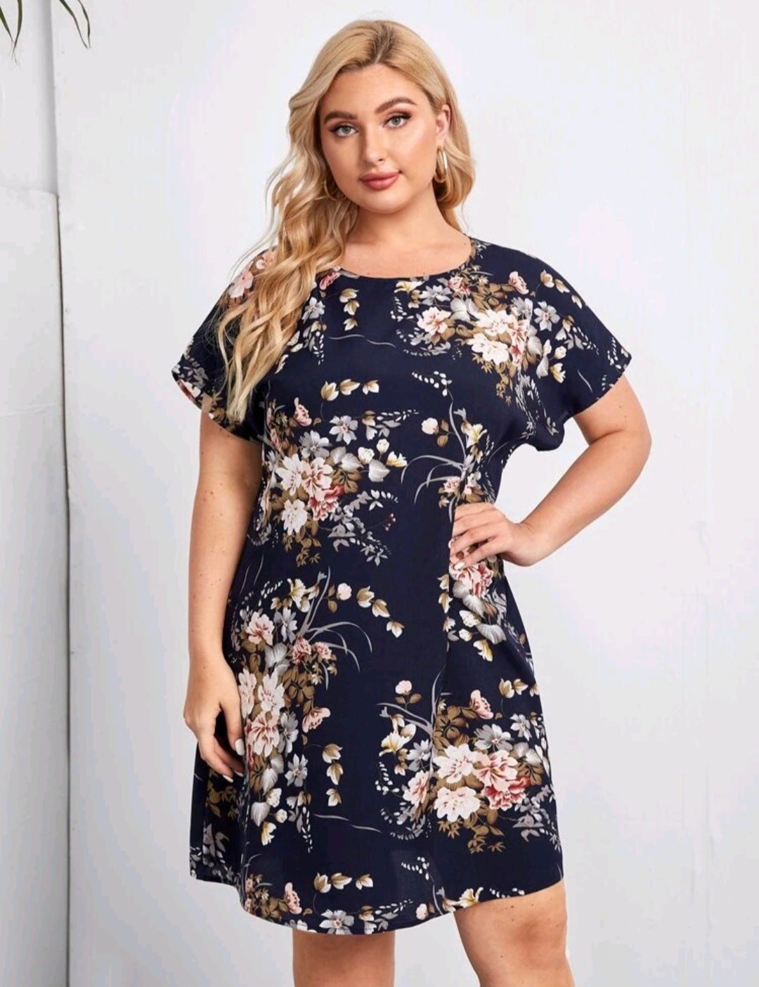 Navy Floral Dress Ladies Crewnek #700023