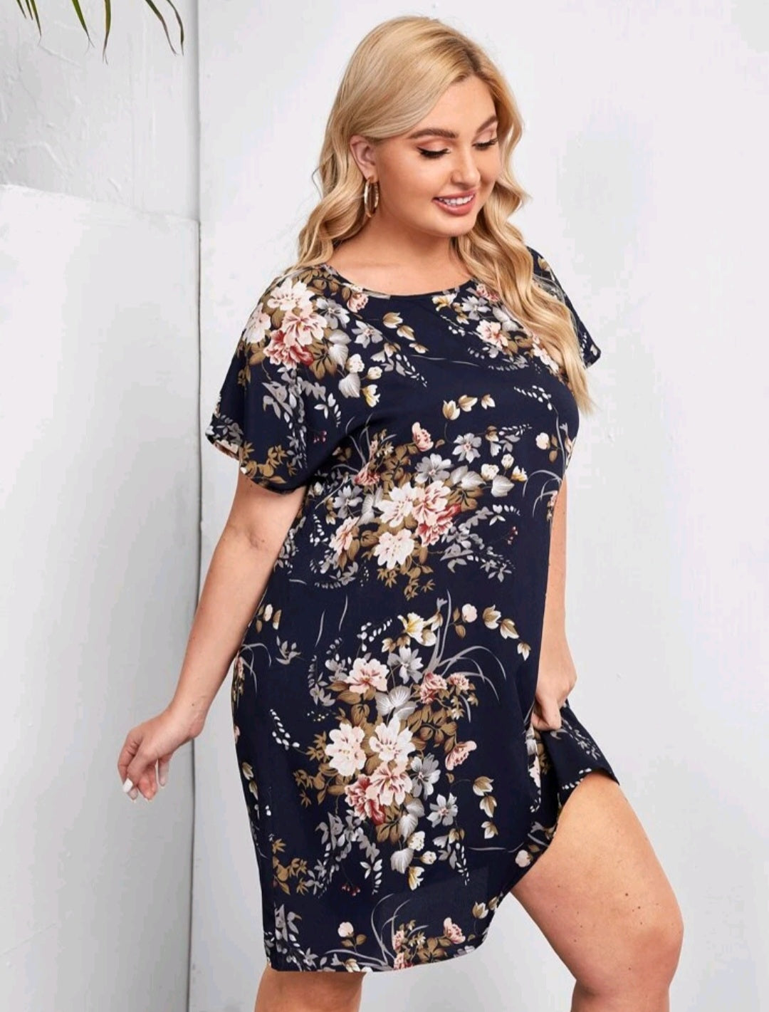Navy Floral Dress Ladies Crewnek #700023