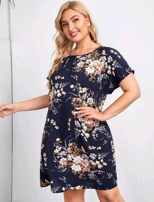 Navy Floral Dress Ladies Crewnek #700023